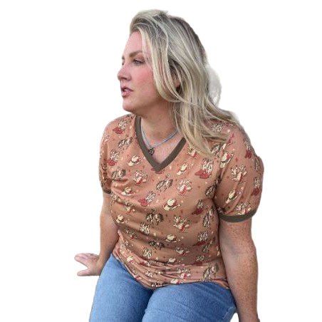 Rowdy Crowd Women's Short Sleeve Cowboy Killer Tee Shirt - Brown