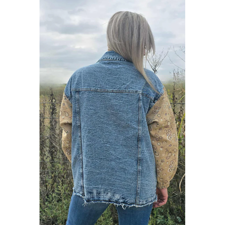 Sterling Kreek Women's Bandana Country Denim Shacket- Blue/Tan