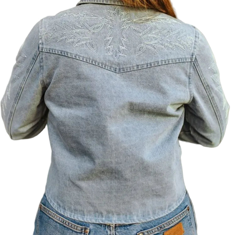 Lucky & Blessed Women's Boot Stitch Embroidery Concho Button Down Jacket - Denim