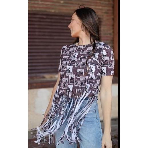 Lucky & Blessed Women's Vintage Collage Printed Fringe Hem Top- Multiple Colors