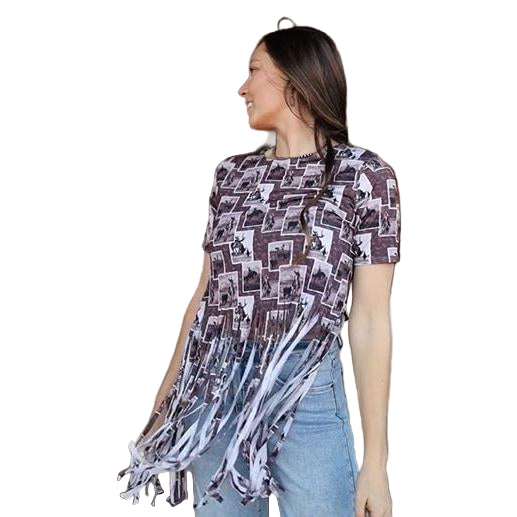 Lucky & Blessed Women's Vintage Collage Printed Fringe Hem Top- Multiple Colors