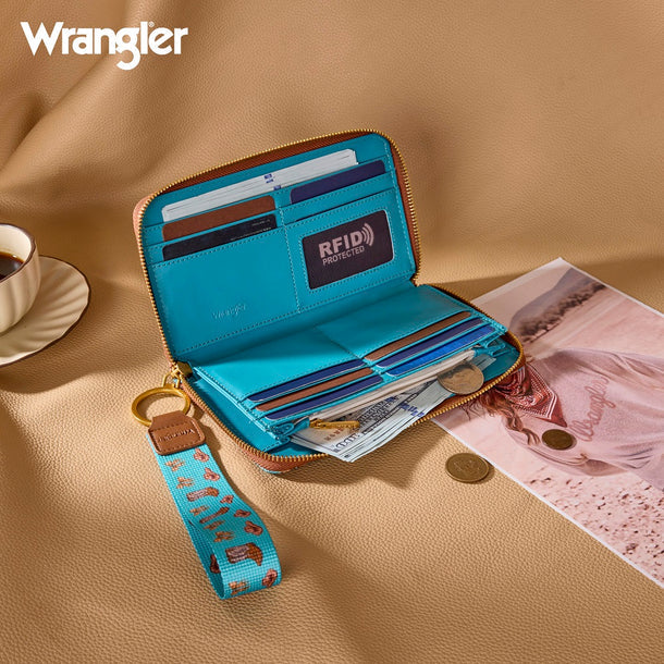 Wrangler Western Print RFID Blocking Zippered Cowgirl Wallet- Turquoise