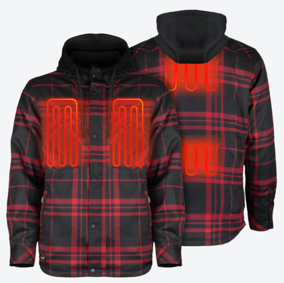 FieldSheer Men's Flannel Heated Hoodie Jacket- Black/Red