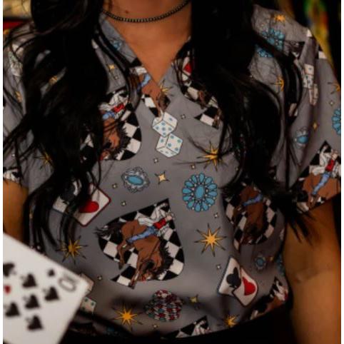 Spurrin' Scrubs Vegas Cowboy Scrub Top - Grey