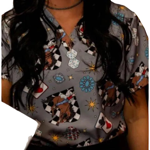 Spurrin' Scrubs Vegas Cowboy Scrub Top - Grey