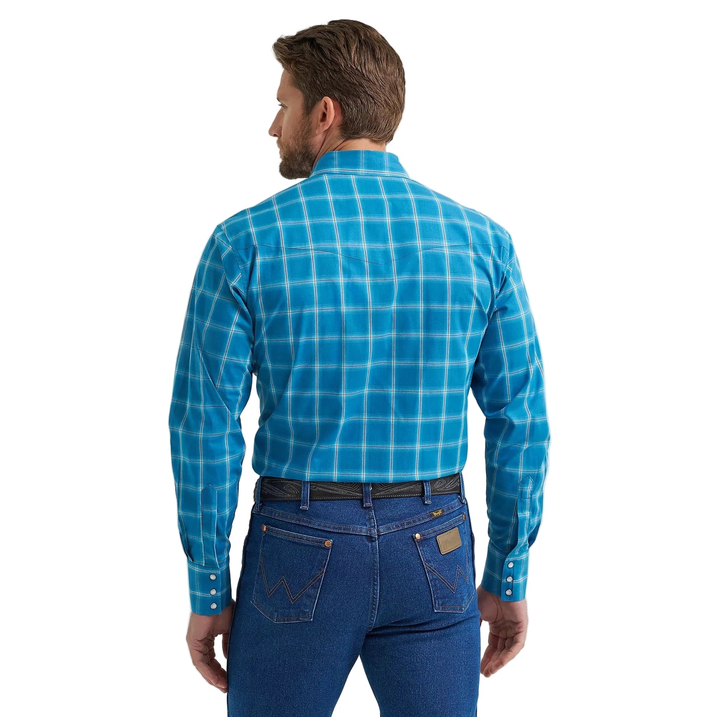 Wrangler Men's Wrinkle Resistant Long Sleeve Snap Plaid Shirt- Rich Turquoise Plaid