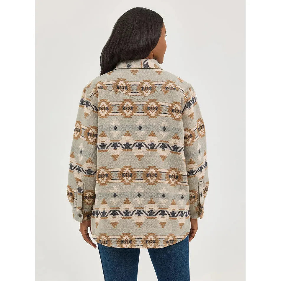 Wrangler Women's Retro Long Sleeve Aztec Quilt Line Jacquard Shacket- Pale Green