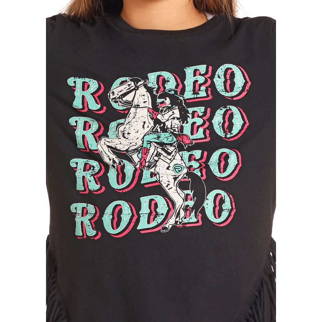 Rock & Roll Girl's Long Sleeve Graphic Shirt with Fringe - Black