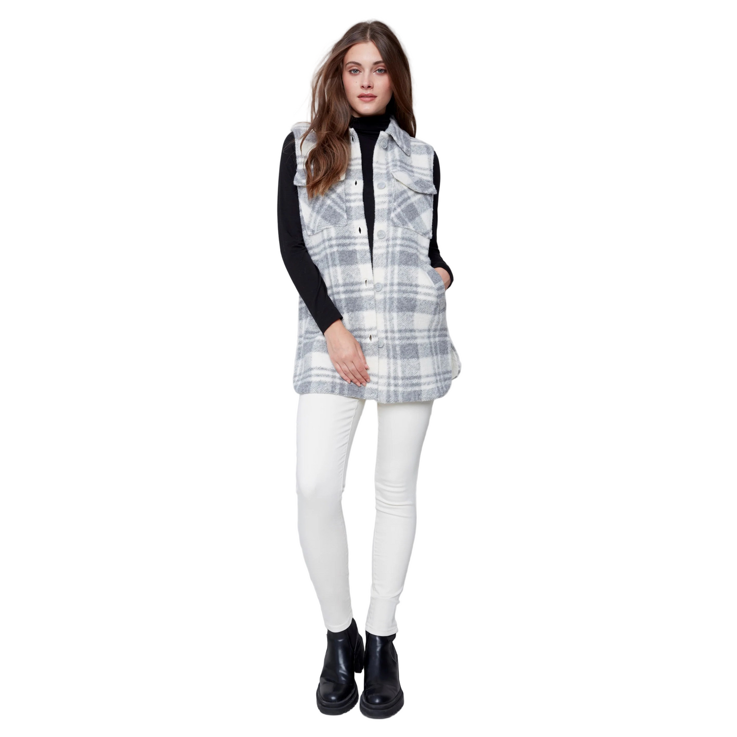 Charlie B Plaid Boiled Wool Vest- Light Grey