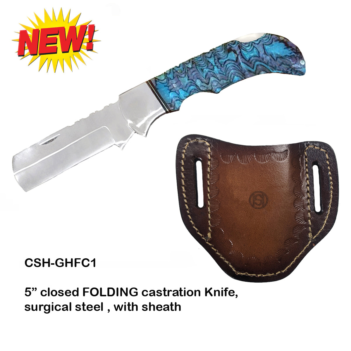 Circle SH Knife Folding Castration Knife w/Leather Sheath - Blue Pakkawood