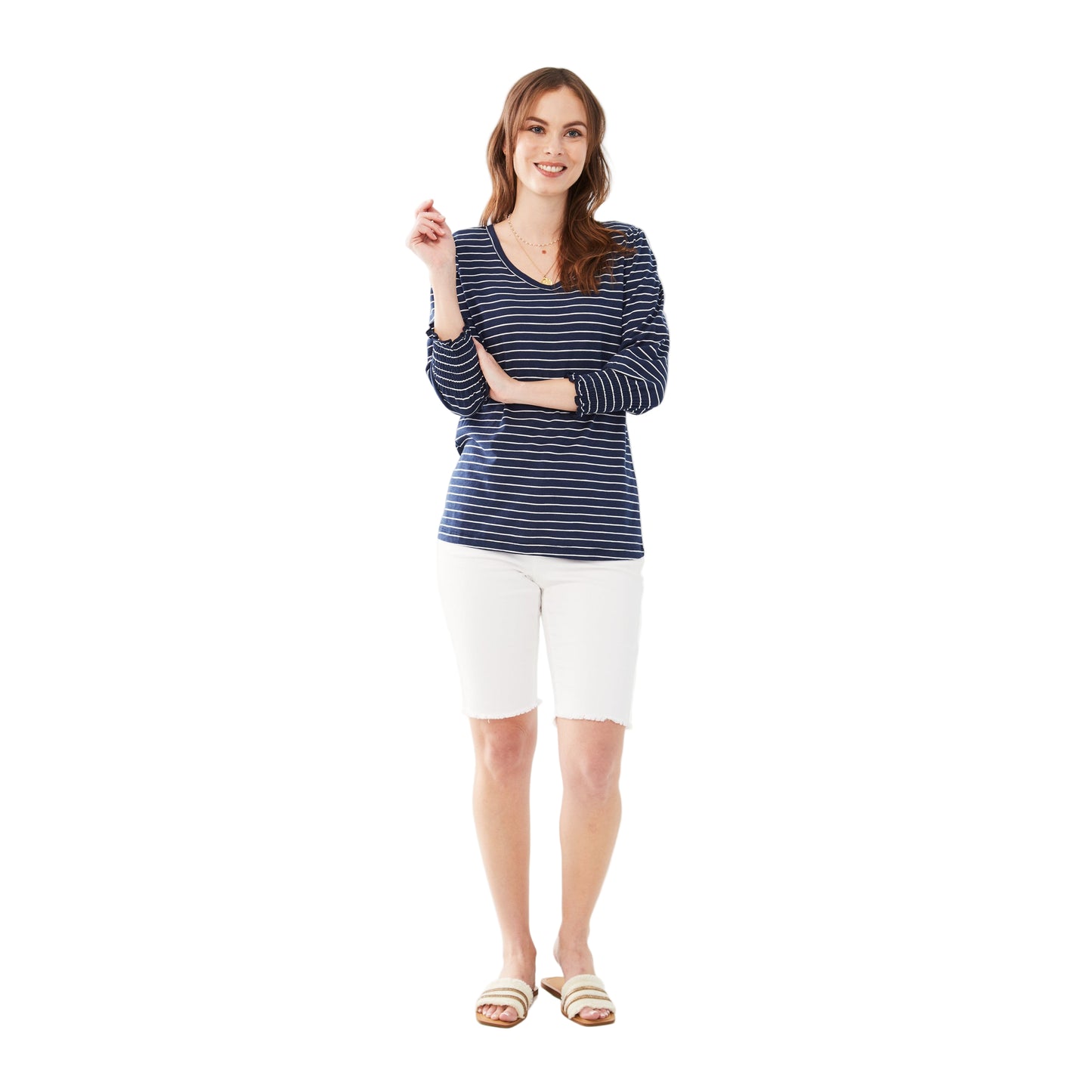 FDJ Women's V-Neck Top w/Smocked Cuffs - Navy Stripe