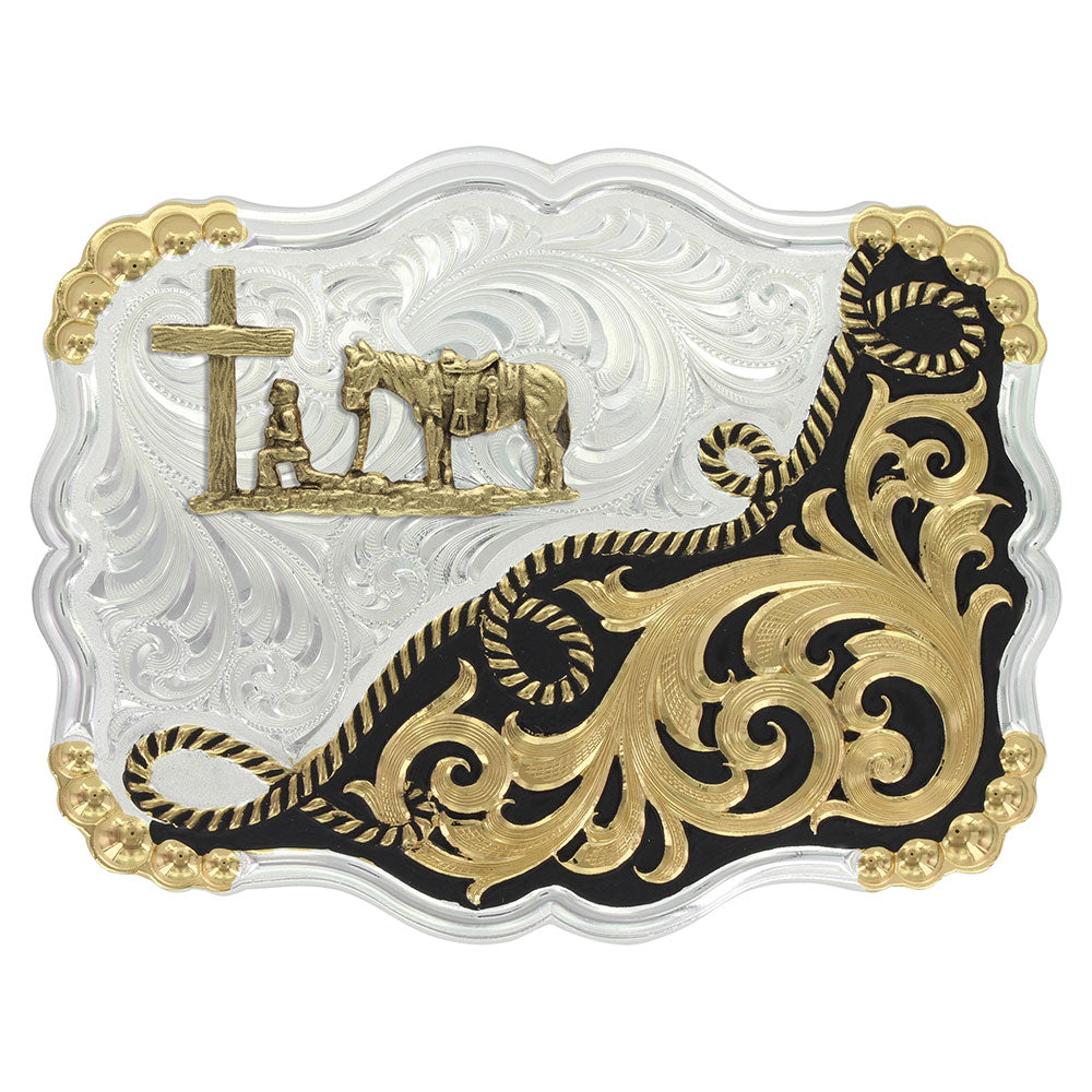 Montana Silversmiths Two Tone Half-n-Half Rope Buckle with Christian Cowboy