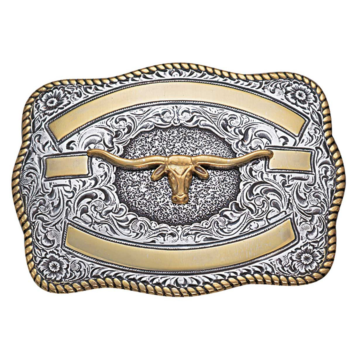 Crumrine Rectangle Vintage Longhorn Engraveable Trophy Buckle - Antique Silver/Gold