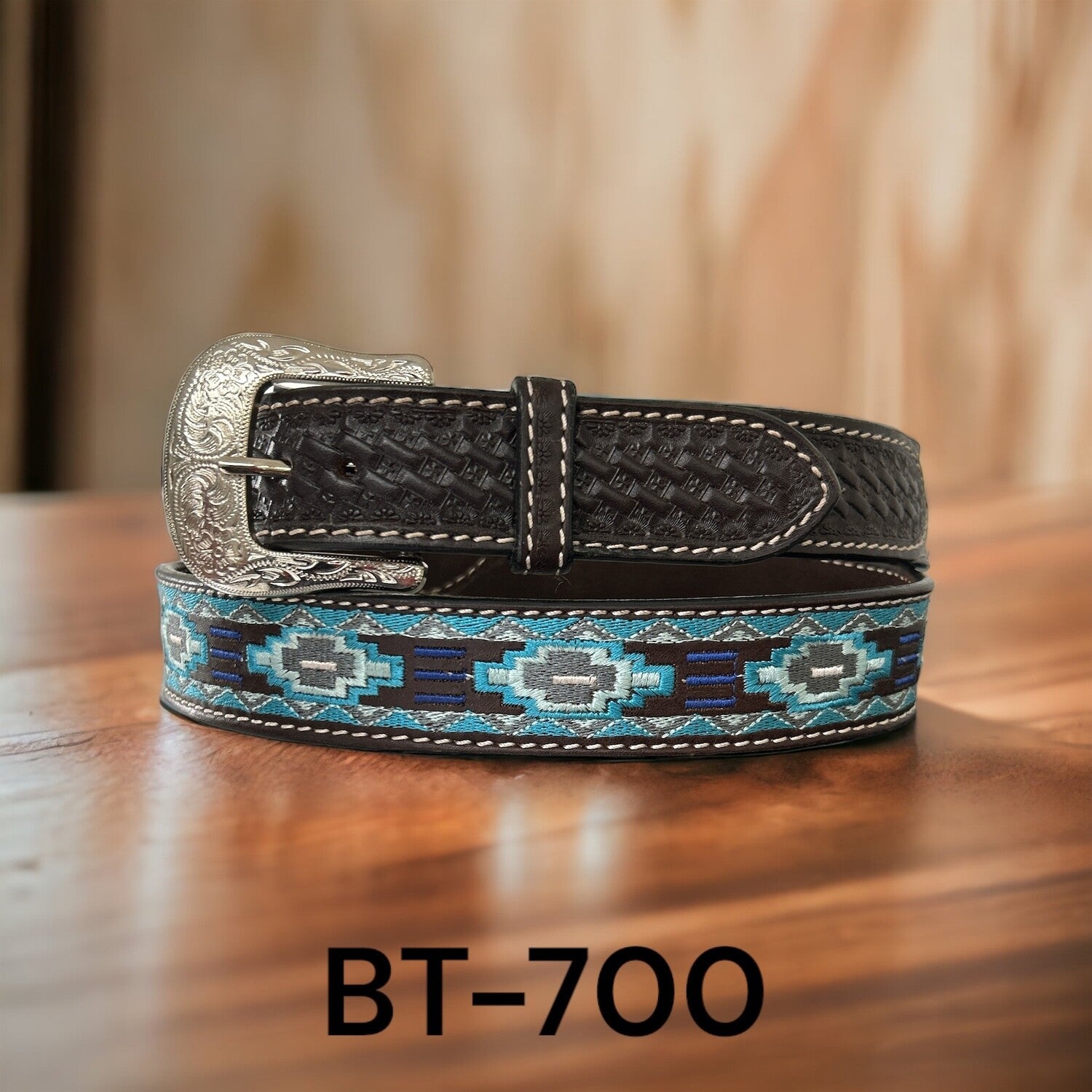 Ranger Belt Company Blue Embroidered Southwestern Design