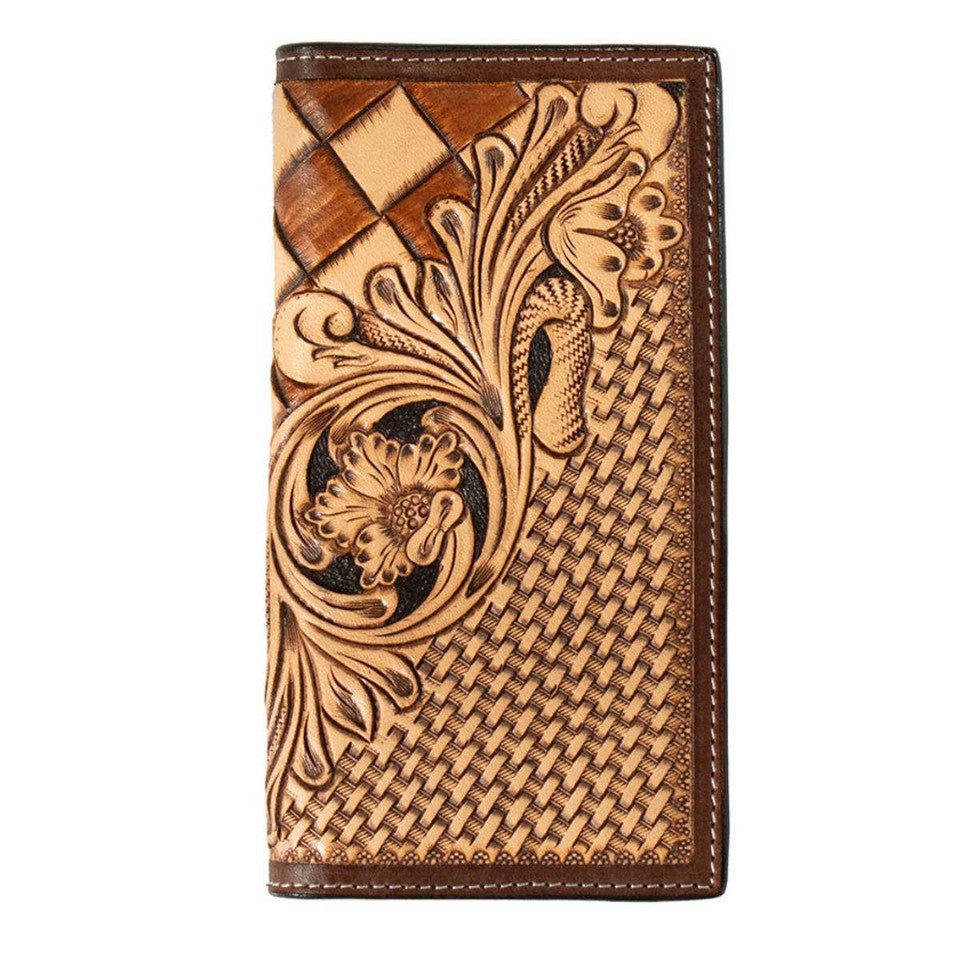 3D Men's Rodeo Style Hand Tooled Floral Basketweave Wallet- Tan - Irvine Tack & Western Wear