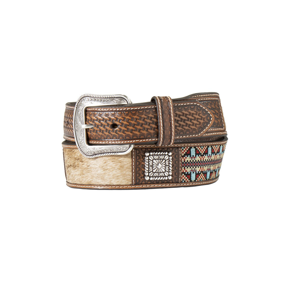 3D Men's Calf Hair Aztec Concho Belt - Brown