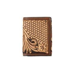 M&F Men's 3D Trifold Hand Tooled Floral Basketweave Wallet-Tan