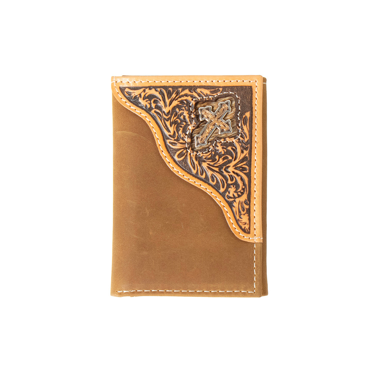 3D Men's Cross Concho Floral Embossed Trifold Wallet - Brown