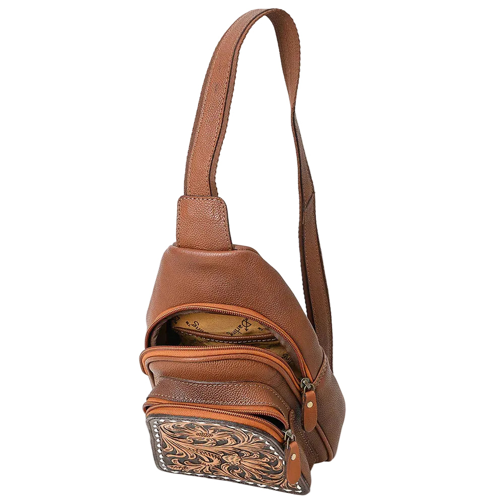 American Darling Brown Leather Sling Backpack with Tooled Floral Bag