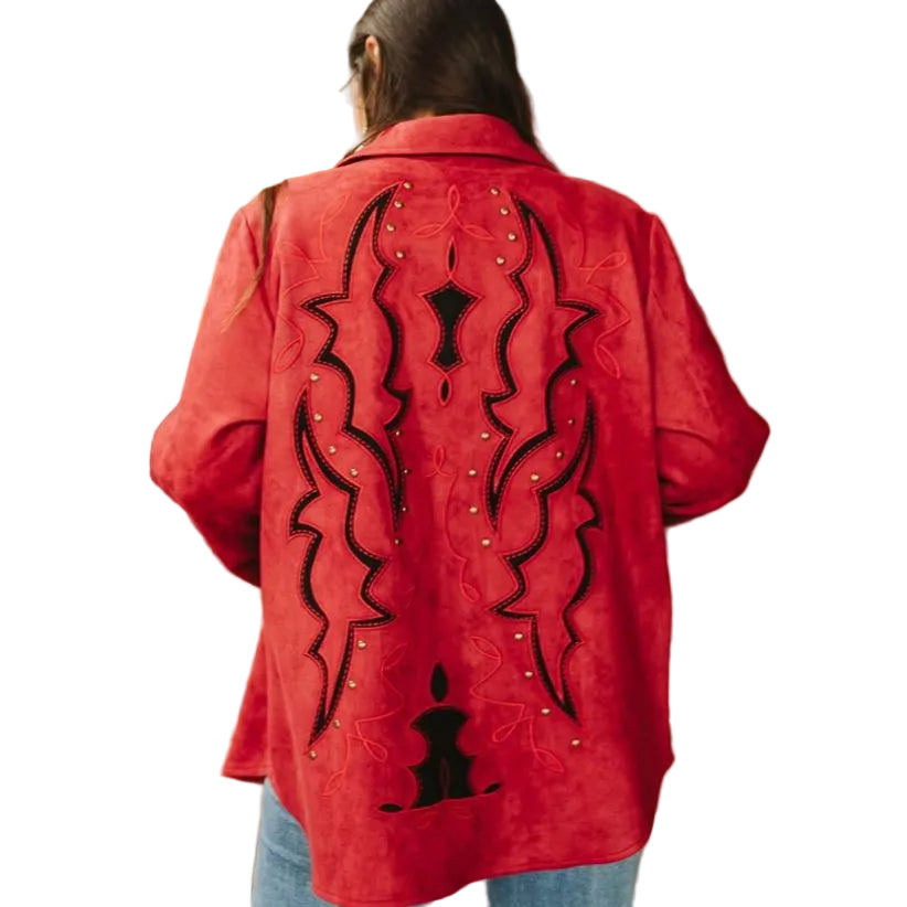 Women's Black Boot Stitch Embroidered Studded Long Sleeve Jacket - Burgundy