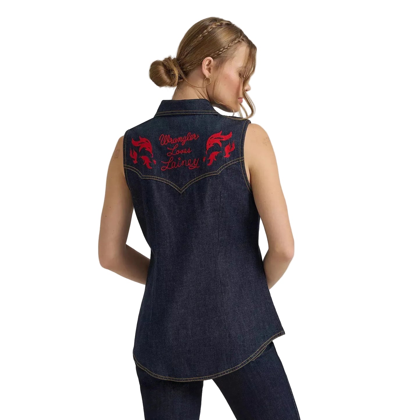 Wrangler Women's Lainey Wilson Sleeveless Embroidered Denim Shirt - Dark Rinse