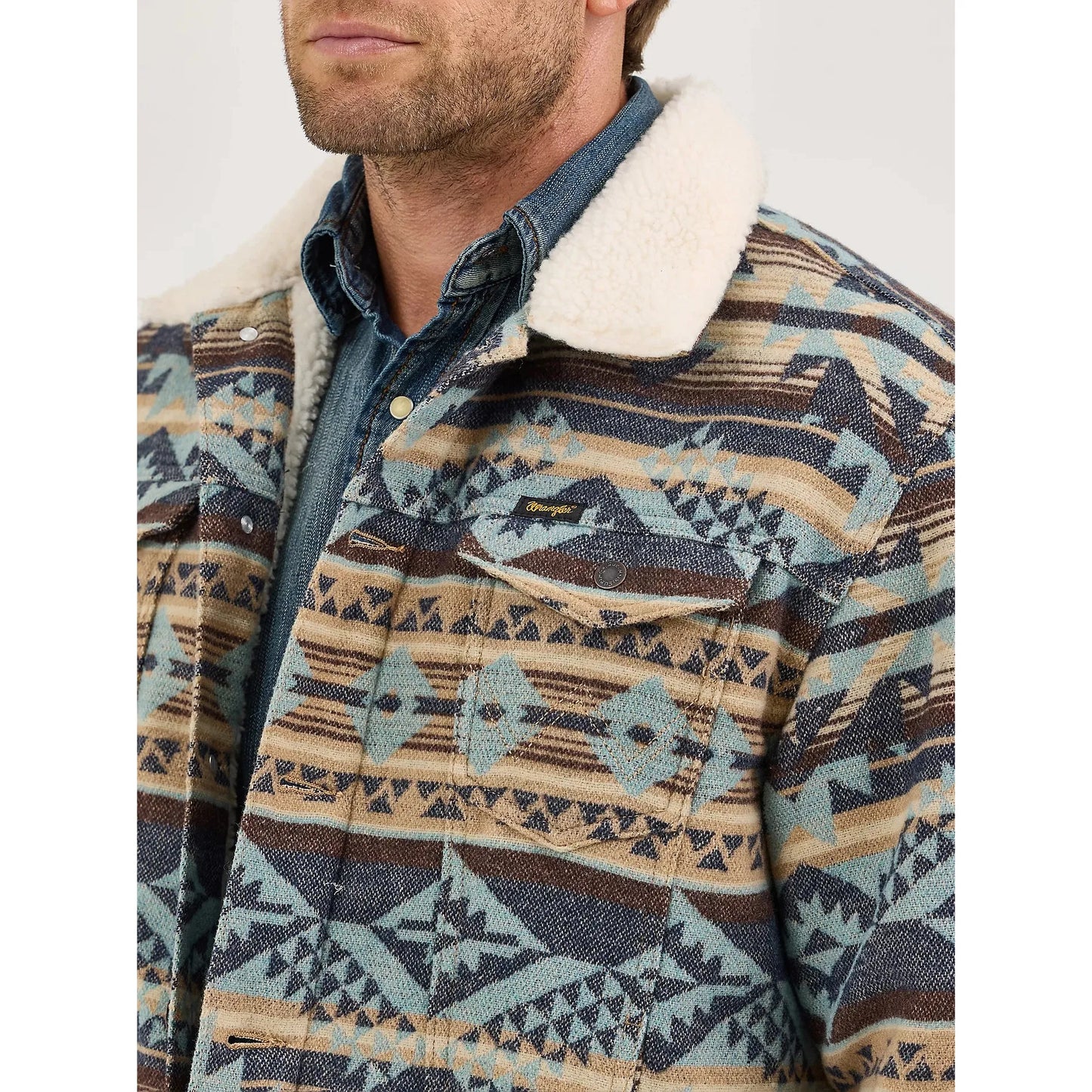 Wrangler Men's Sherpa Lined Long Sleeve Jacquard Print Jacket- Dark Sapphire