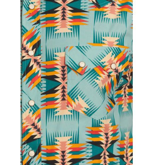 Rock & Roll Men's Long Sleeve Dale Brisby Sea and Sunset Aztec Western Shirt-Teal