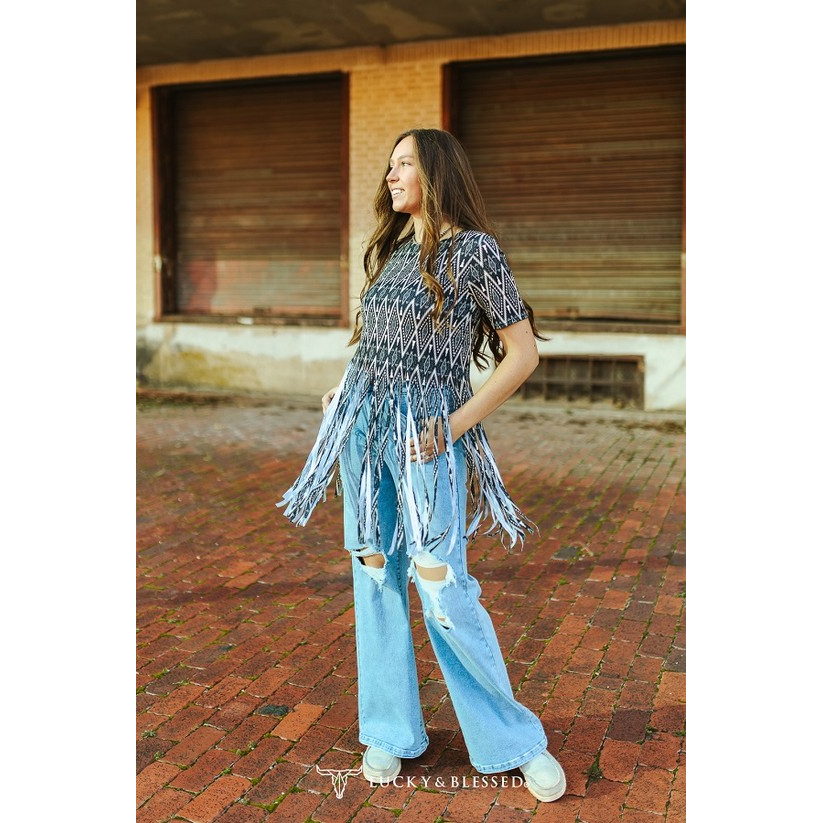 Lucky & Blessed Women's Branded Printed Fringe Hem Short Sleeve Top-Black