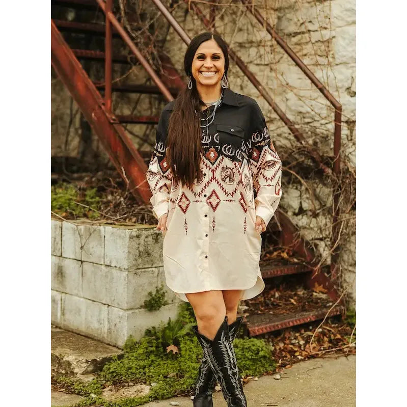 Lucky & Blessed Women's Black Ombre Horse Aztec Button Down Collared Dress