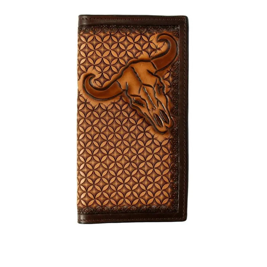 3D Men's Rodeo Style Hand Tooled Stained Edge Cow Skull Wallet- Brown - Irvine Tack & Western Wear
