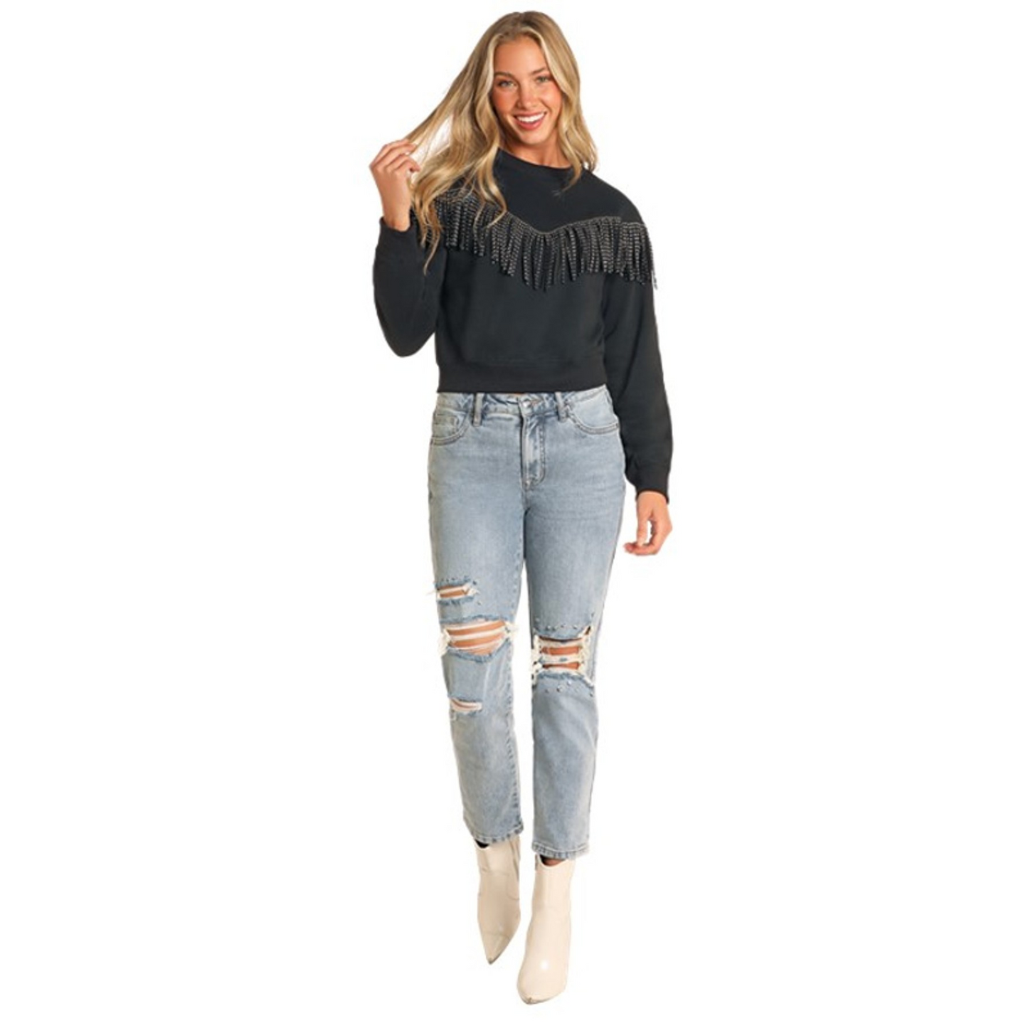 Rock & Roll Women's Long Sleeve Pullover with Studded Fringe - Assorted Colours