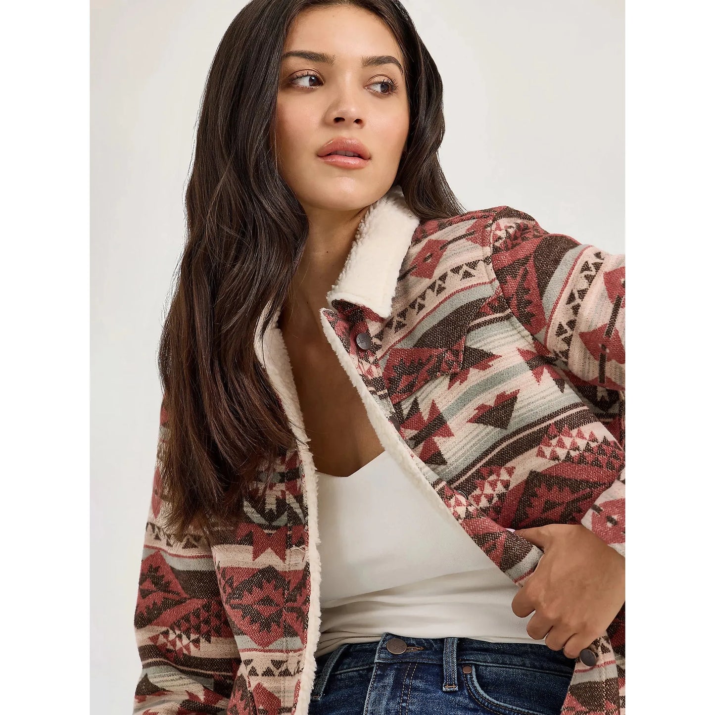 Wrangler Women's Sherpa Lined Jacquard Barn Jacket- Cream/Burgundy