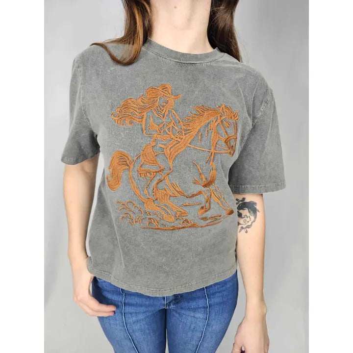 Women's Short Sleeve Cowgirl Embroide3ry Acid Washed Tee Shirt- Charcoal