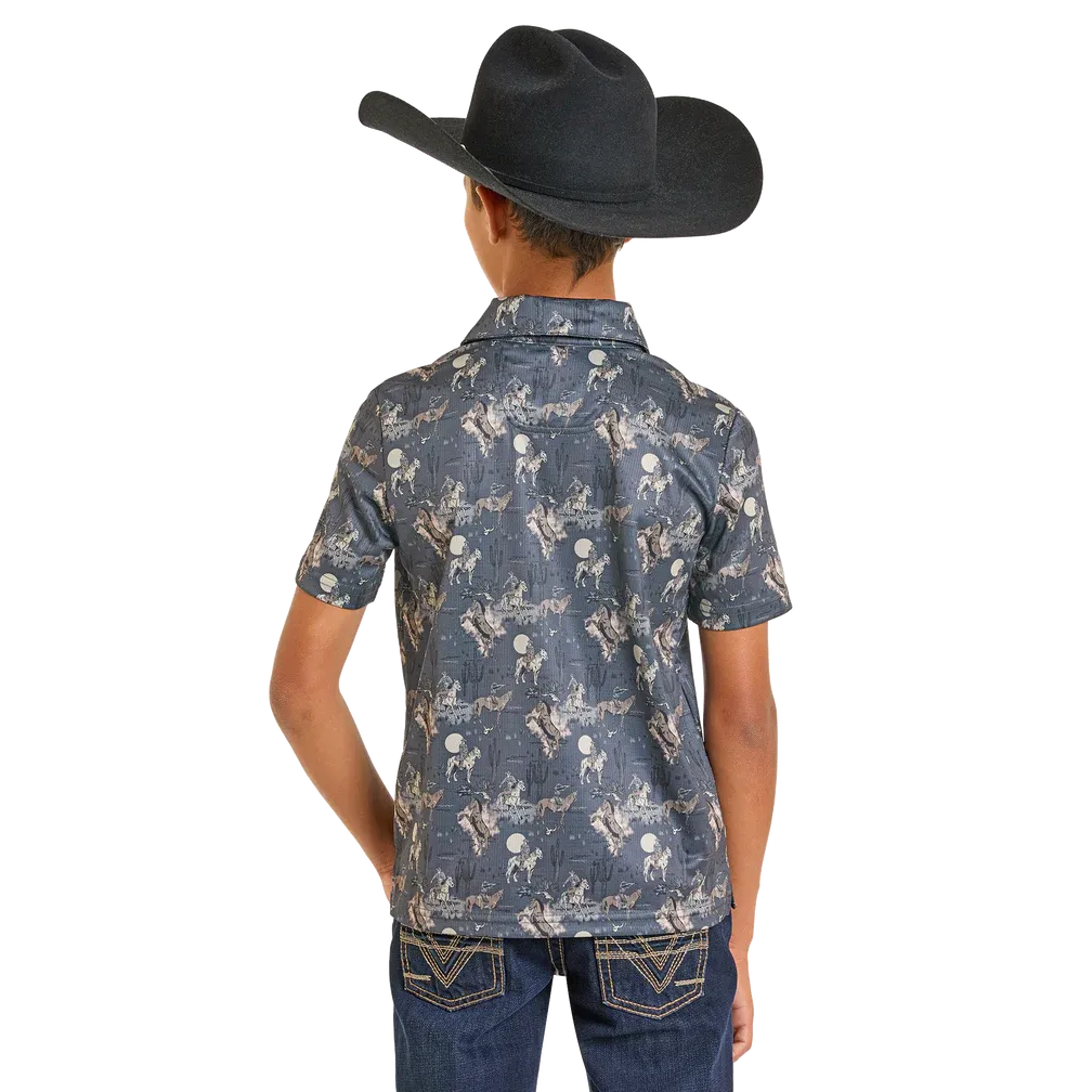 Rock & Roll Boy's Conversational Printed Short Sleeve Polo Shirt - Charcoal