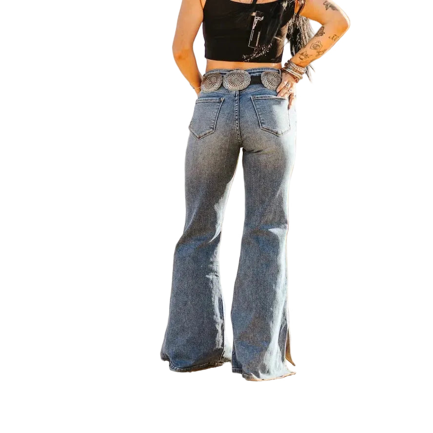 Lucky & Blessed Women's Plus Size Midrise Slit Hem Flare Jean - Mid Wash