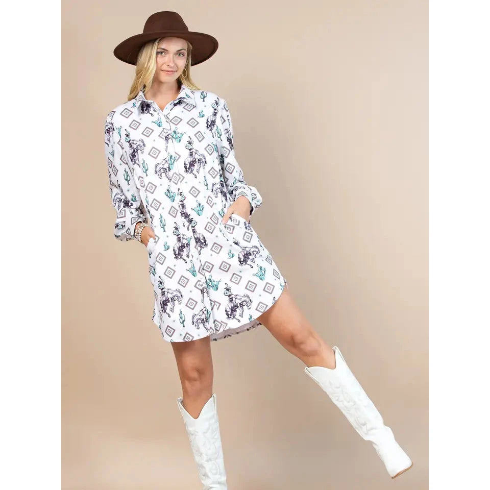 Nylon Apparel Women's Cowboy Rodeo Cactus Print Button Down Dress/Shirt - White/Multi