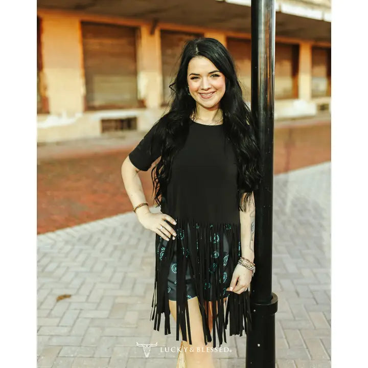 Lucky & Blessed Women's Fringe Hem Short Sleeve Top- Black