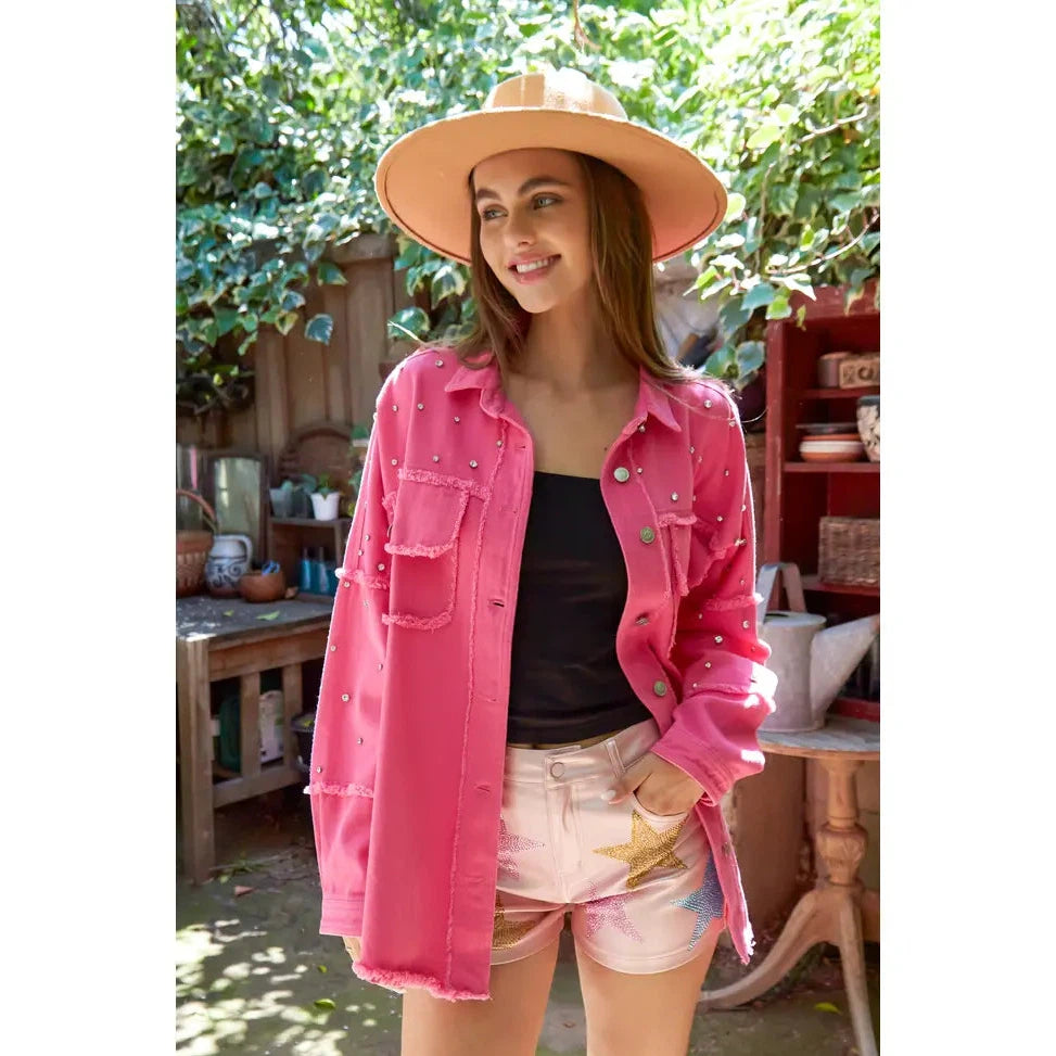 Peach Love California Trendy Studded Loose Fit Shirt - Assorted Colours