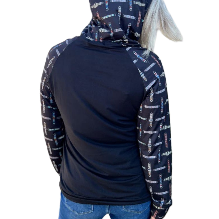 Cinched Up Women's Long Sleeve Tee Shirt Hoodie- Black