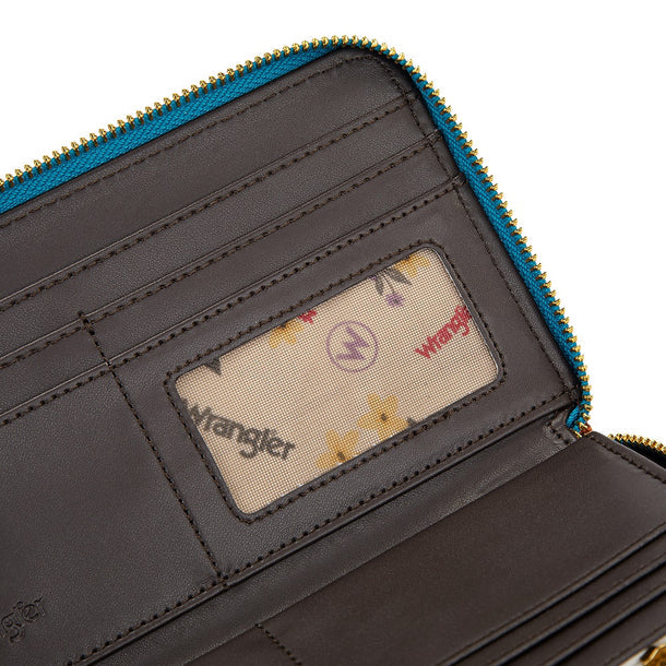 Wrangler Western Print RFID Blocking Zippered Cowgirl Wallet- Coffee