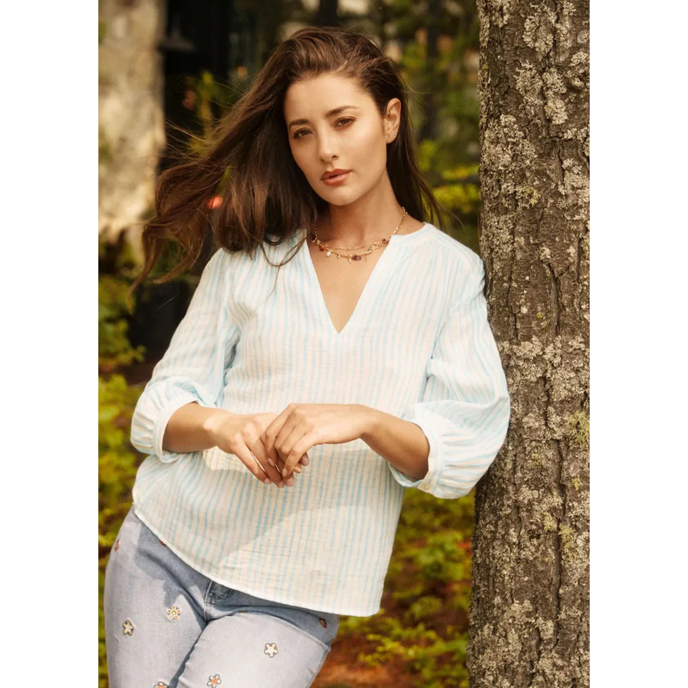 FDJ Women's 3/4 Sleeve Popover Blouse- Pacific Blue