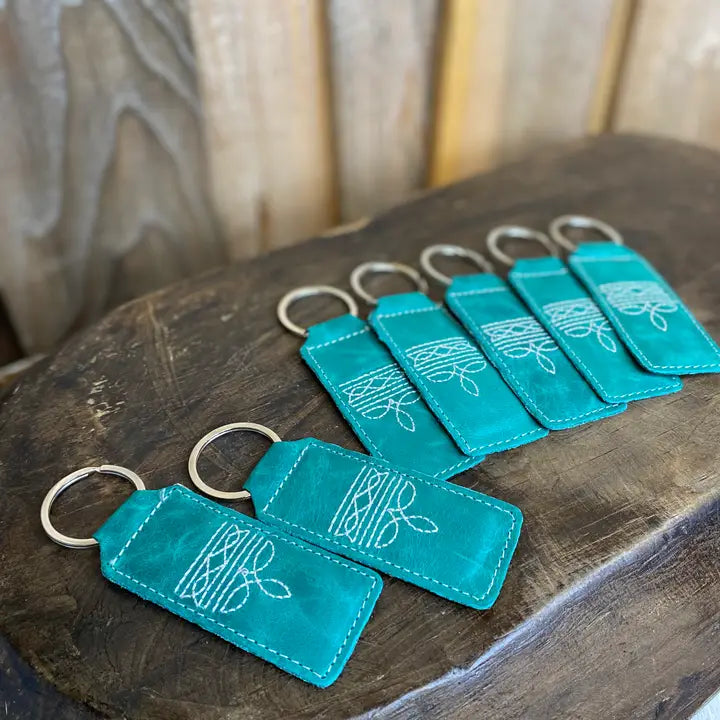 Western Linens Turquoise Bootstitch Leather Keychain