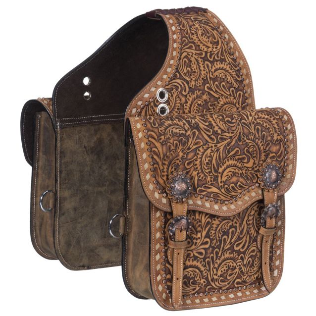 LEATHER FLORAL TOOLED SADDLE BAG WITH BUCKSTITCHING