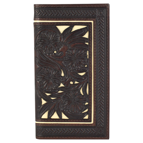 Tony Lama Men'sGenuine Leather Large Bifold Wallet with Floral Tooling and Bone Inlay