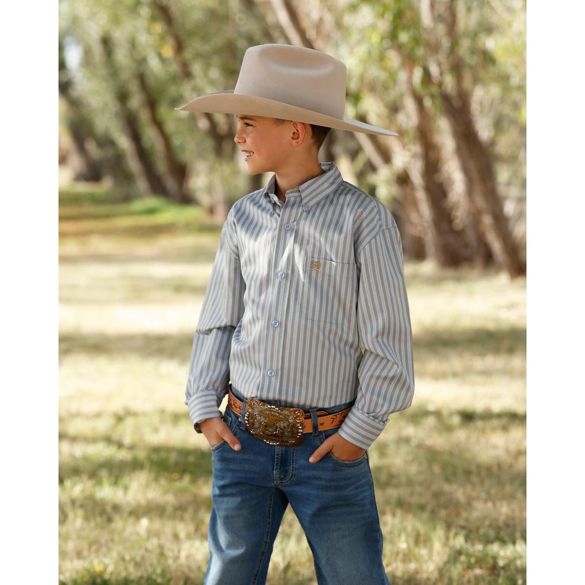 Cinch Boy's Long Sleeve Stripe Shirt - Light Blue
