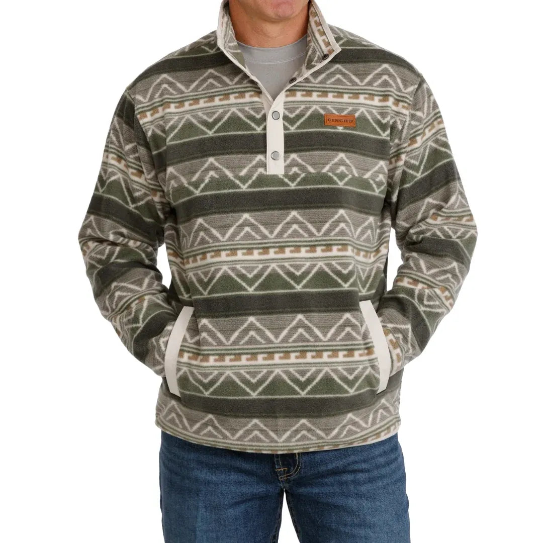 Cinch Men's Long Sleeve Aztec Stripe Polar Fleece Pullover- Olive
