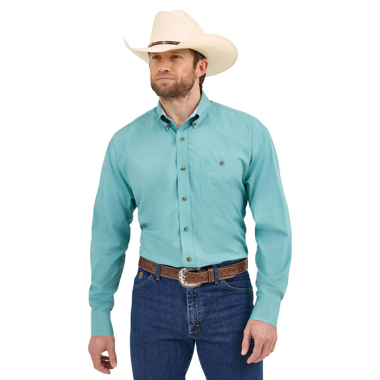 Wrangler Men's George Strait Long Sleeve One  Pocket Shirt- Turquoise