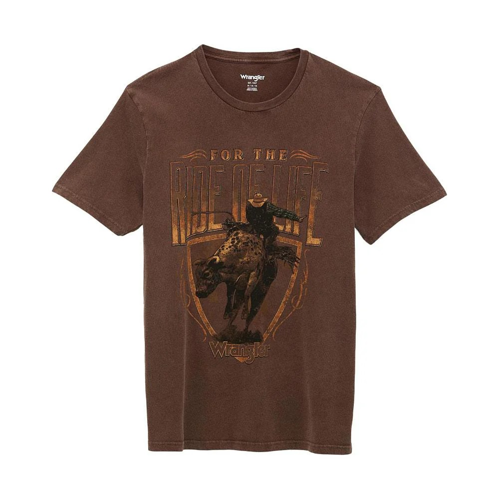 Wrangler Men's Short Sleeve Regular Fit Bull Ride Life Tee Shirt- Potting Soil
