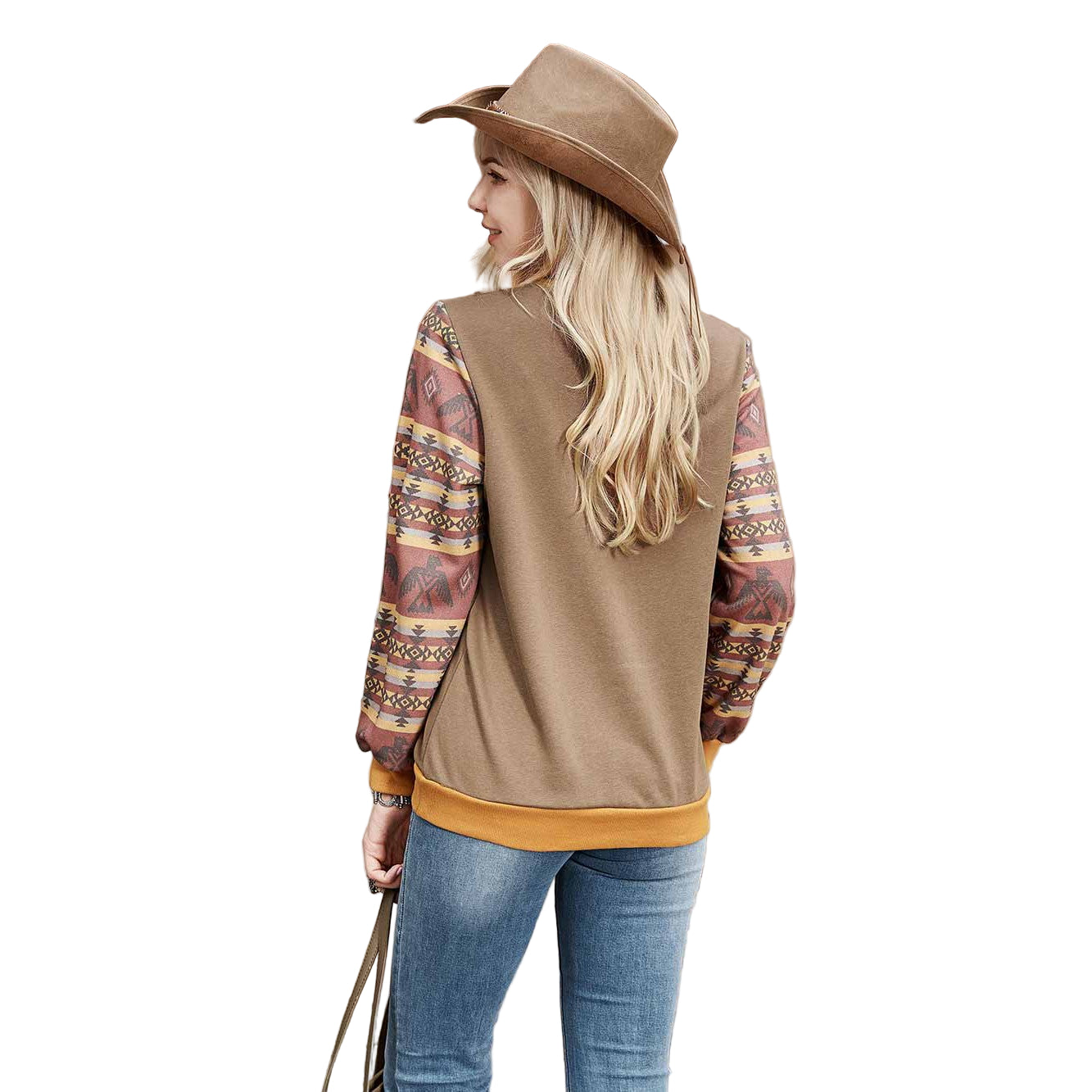 American Bling Women's Horse Graphic Patchwork Aztec Sweatshirt - Coffee