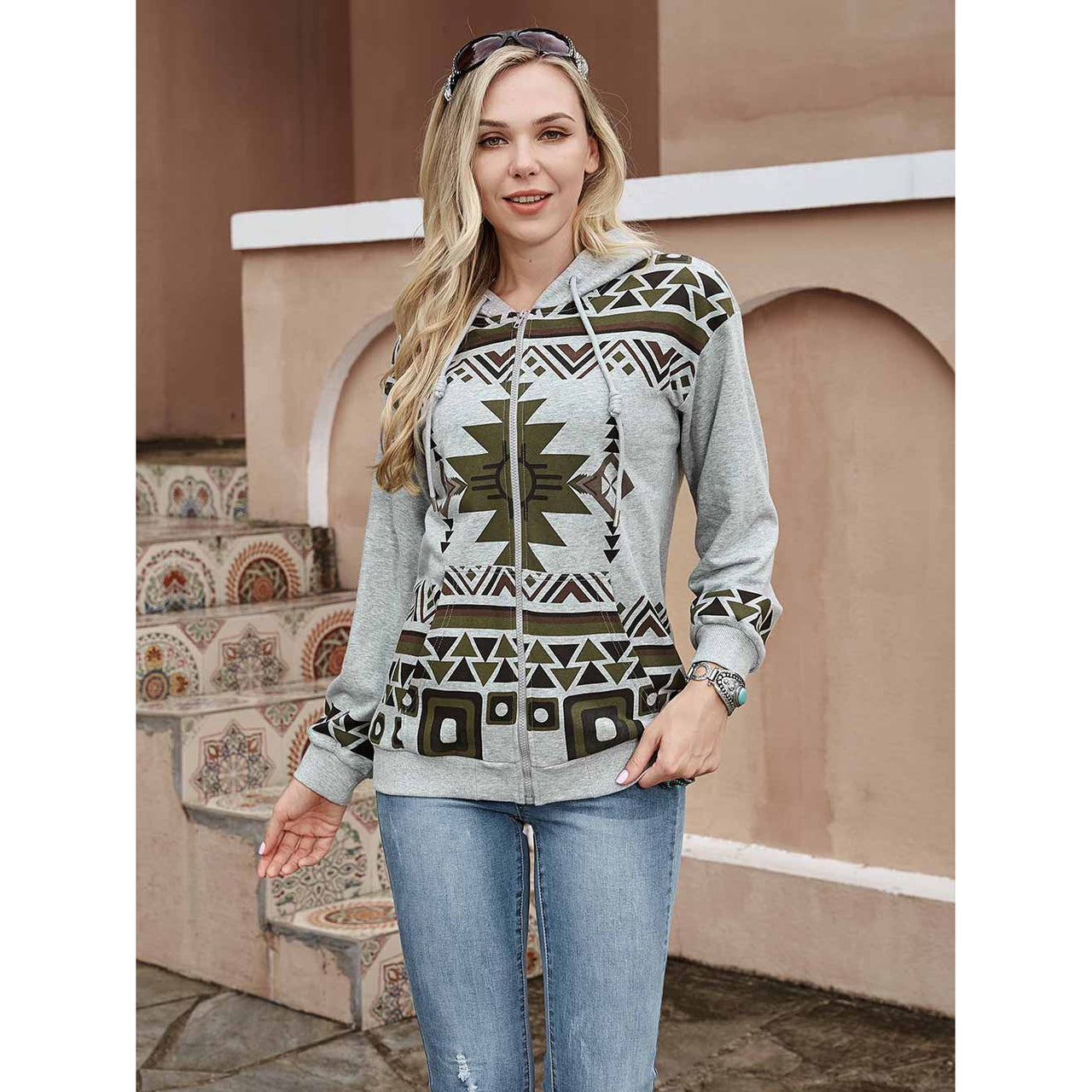 American Bling Women's Aztec Graphic Hoodie - Grey